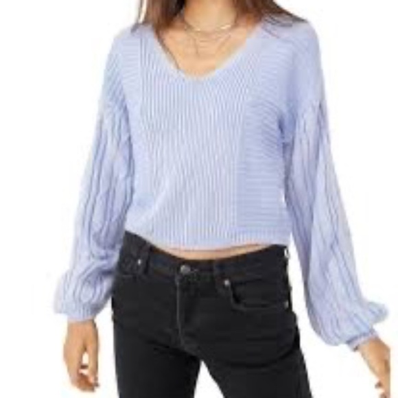 Free People Cropped V-Neck Sweater Light Blue Balloon Sleeve Women’s Small - Picture 1 of 7